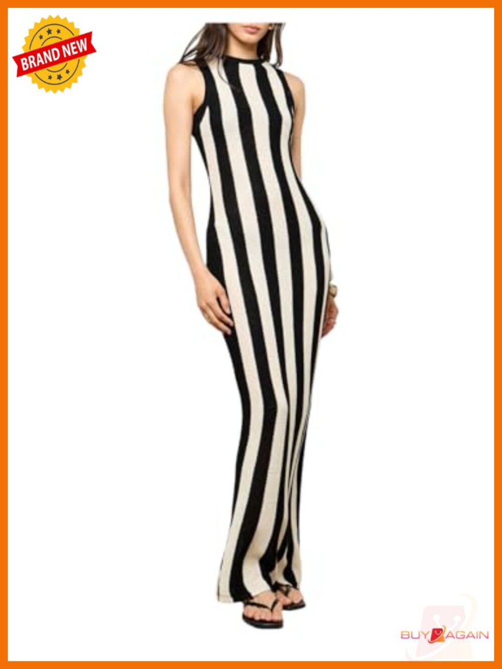 Striped Bodycon Maxi Tank Dress Sleeveless Rib Knit Long Dress